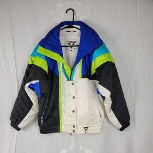 Vintage Tyrolia by Head Ski Jacket Womens Size 12 White Blue Green Coat Neon 90s
